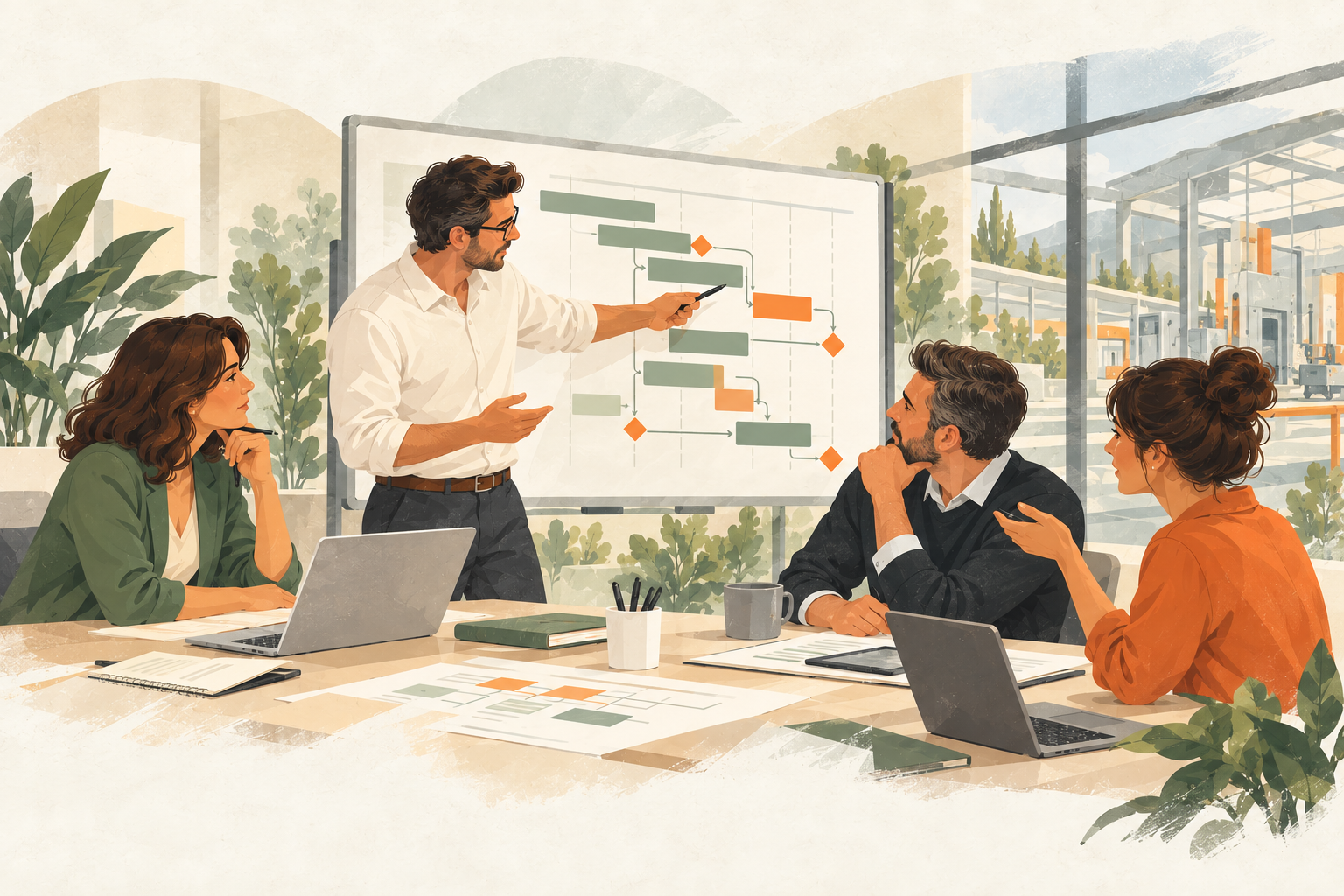 Un consultant coordonne une équipe métiers et IT autour du planning d’un projet