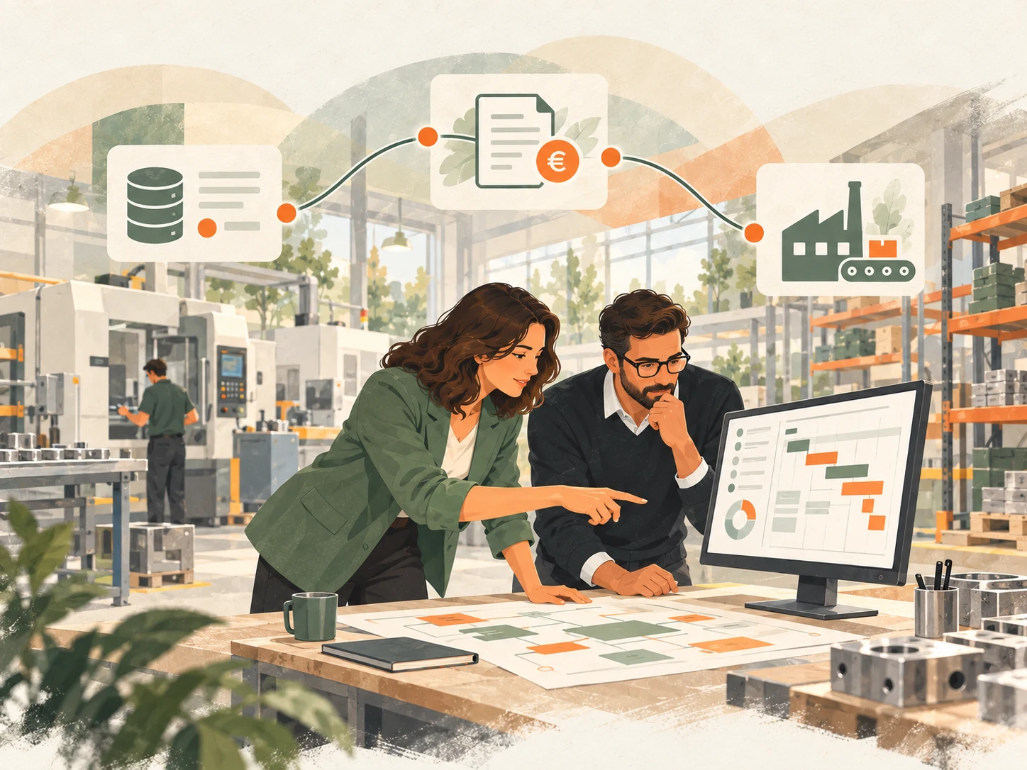 Une dirigeante et un consultant relient les enjeux ERP, facturation et production